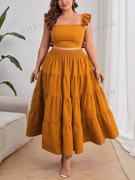 SHEIN Privé Plus-Size Elegant Vacation Seaside Solid Color Square Collar Ruffled Decorative Slim Crop Top And Umbrella Hem Large Ruffled High-Waist Slim Long Skirt | SHEIN USA Cropped Top With Skirt, Yellow Outfit Plus Size, Casual African Outfits For Women, Mustard Yellow Dress Outfit Classy, Simple Gown Styles, Mustard Yellow Outfit, Mustard Yellow Dress, Mustard Dress, Chic Dress Classy