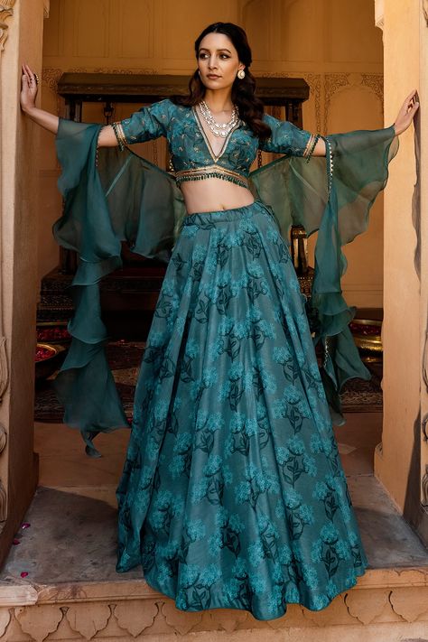 Buy Seeaash Floral Print Chanderi Lehenga Set Online | Aza Fashions Chanderi Lehenga, Ruffled Saree, Ruffle Dupatta, Printed Lehenga, Green Lehenga, Blue Lehenga, Indian Wedding Wear, Lehenga Designs, Indian Fashion Designers