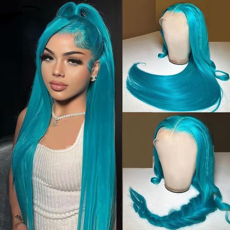 PRICES MAY VARY. 13x4 HD Transparent Lace Front Wig Lace Size:180% Density 13x4 HD Transparent Lace Front Wig Human Hair. 13x4 lace area supports center and side sections. It's more natural when you put it on, no smell, no shedding, no tangles. Soft, elastic, breathable and durable lace material makes it more comfortable Glueless Wig Human Hair Pre-Pull Cap Size: Ear-to-Ear HD Clear Lace Front Wig, Bleached Knot and Pre-Pull Natural Hairline, Gives you a more natural hairline than closed wigs, 4 Light Blue Lace Front Wig, Blue Lace Front Wig, Light Blue Hair, Real Hair Wigs, Straight Wigs, Blue Wig, Hair For Women, Straight Lace Front Wigs, Human Virgin Hair