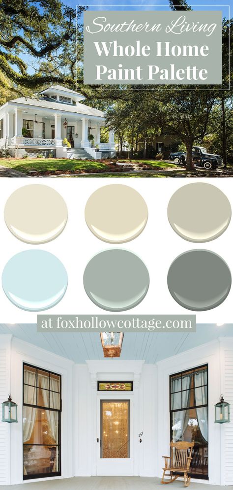 Tour a vintage Southern home after it’s refreshed and revived, and get the skinny on the whole home paint color palette that was used throughout—for a fresh, timeless feel in every room! #interiorpaint #interiorpaintideas #paintcolorpalette Southern Home Paint Colors, Southern Home Interior Paint Colors, Traditional Farmhouse Color Palette, Southern Home Exterior Colors, Southern Cottage Exterior Paint Colors, Southern Home Color Palette, Whole Home Paint Palette, Traditional Home Color Palette, Whole House Color Palette 2023