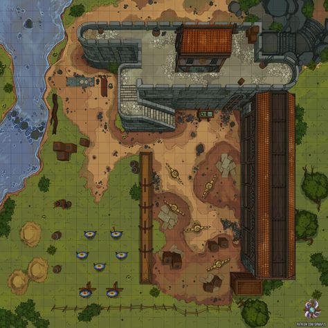 Training Grounds, Public 30x30 | Dr. Mapzo on Patreon Training Grounds, Dnd World Map, Building Map, Battle Map, High Ground, Tabletop Rpg Maps, Map Pictures, Rpg Map, Dungeon Maps