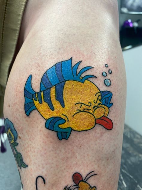 Sidekick Tattoos, Oldies Tattoo, Disney Sidekicks Tattoo, Flounder Tattoo, Disney Flounder, Tattoos Disney, Watercolor Cat Tattoo, Disney Inspired Tattoos, Fandom Tattoos