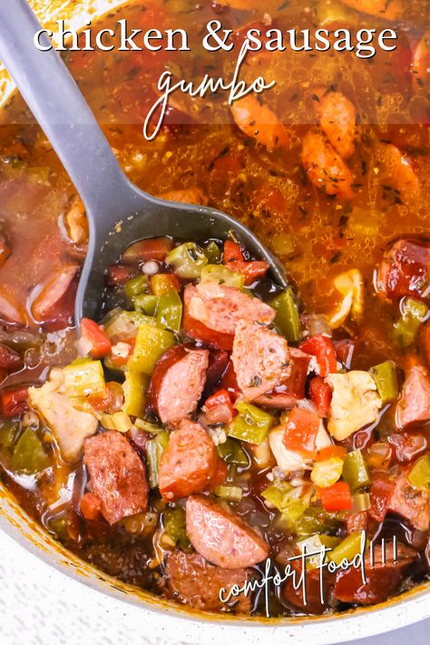 Warm up with a hearty bowl of Chicken and Sausage Gumbo Soup! This Louisiana-inspired recipe is perfect for any occasion. Crockpot Gumbo Chicken And Sausage, Smoked Sausage Gumbo Recipe, Chicken And Smoked Sausage Gumbo, Easy Chicken Gumbo, Soups With Chicken Thighs, Gumbo Recipe Chicken And Sausage, Simple Gumbo, Chicken And Sausage Soup, Andouille Sausage Soup