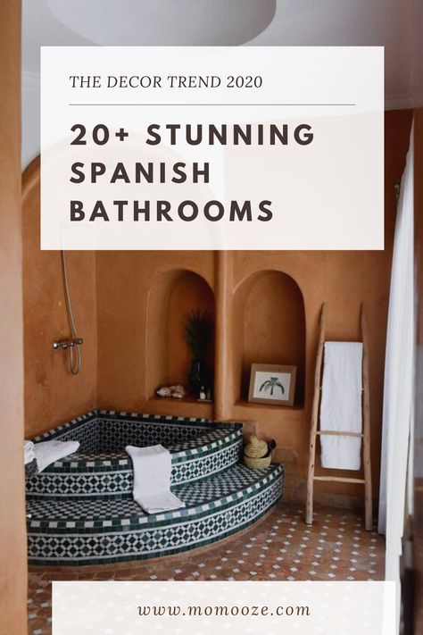 Get inspired by these 20  gorgeous Spanish Bathrooms - the trending bathroom design for 2020. #spanishbathrooms #bathroom #homedesign Bathroom Remodel Mediterranean, Southwest Style Bathroom Ideas, Hacienda Style Bathroom Spanish Revival, Spanish Interiors Decor Ideas, Spanish Half Bath, Spanish Tile Bathroom Ideas, Mediterranean Spa Bathroom, Spanish Cottage Bathroom, Small Spanish Style Bathroom