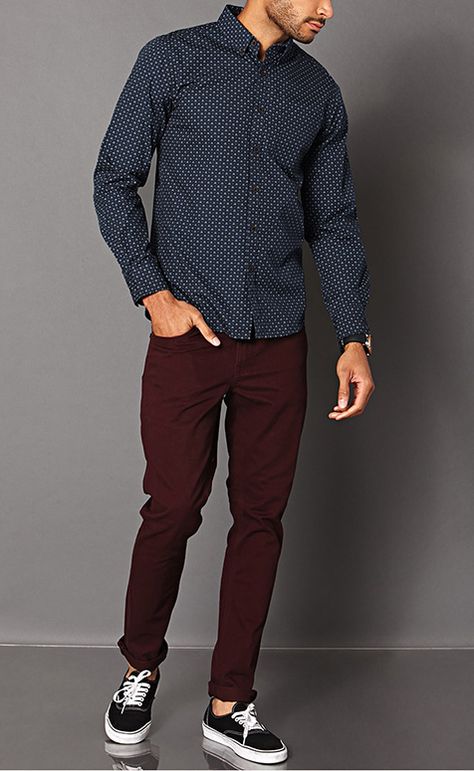 Mens Clothing and apparel: suits, t shirts, jeans | Forever 21 Red T Shirt Outfit Men, Burgundy Pants Outfit, Red Pants Outfit, Maroon Pants, Burgundy Pants, Pants Outfit Men, Shirts Style, Mk Bags, Red Pants