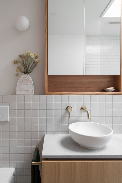 Tasmanian Timber | Crafting modern charm in heritage spaces, Studio Ilk’s latest projects epitomise timeless design Oak Shelf Bathroom, Timeless Small Bathroom, Bathroom 2024, Beach Style Bathroom, New House Bathroom, Oak Bathroom, Tasmanian Oak, Bad Inspiration, Small Tiles