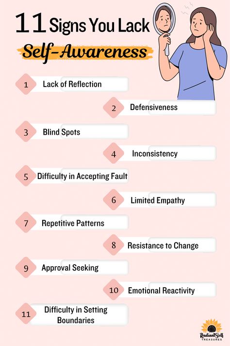 11 signs you lack self-awareness infographics How To Be More Self Aware, Lack Of Self Awareness, Signs You Are Disconnected From Yourself, What Is Self Awareness, In Tune With Yourself, Reflection Meaning, Self Love Isnt Selfish Its Important, Blaming Others, Success And Failure