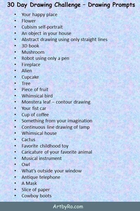 What To Draw To Improve, Drawing Topics Ideas, How To Improve Your Art Skills, Art Topics Ideas, Ideas For What To Draw, Prompts Drawing, Painting Prompts, Drawing List, Drawing Diary