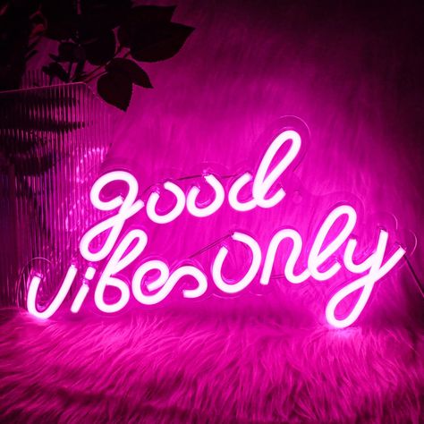 Pink Neon Sign:Good vibes only neon lights emit bright light, adding a romantic and magical color atmosphere to your room,create the vibe you've always dreamed of!Easy to use:We prepared adhesive hooks for you to hang this pink light signs on the wall, remove the films first, stick them on a clean smooth wall, then hang the light on the wall. Good Vibes Only Neon Sign, Pink Led Lights, Pink Neon Sign, Neon Rose, Neon Words, Makeup Room Decor, Light Up Signs, Neon Sign Bedroom, Acrylic Letters