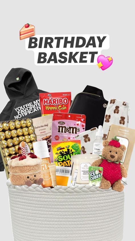 birthday basket🎂💖 Bur Basket Ideas For Best Friend, Bestfriend Basket Idea, Birthday Baskets For Best Friend, Bestie Burr Basket, Cute Birthday Baskets, Birthday Basket Ideas, Birthday Basket For Best Friend Purple, Make A Basket For Your Bestie, Birthday Basket For Best Friend