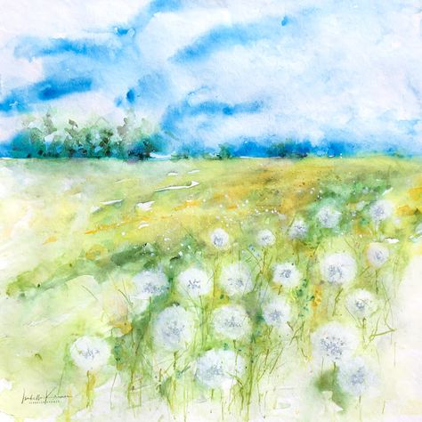 veredit - art©: Dandelion Field Dandelion Field Drawing, Field Of Dandelions Drawing, Dandelion Watercolor, Field Of Dandelions, Jean Haines, Dandelion Drawing, Dandelion Field, Horizontal Painting, Copic Marker