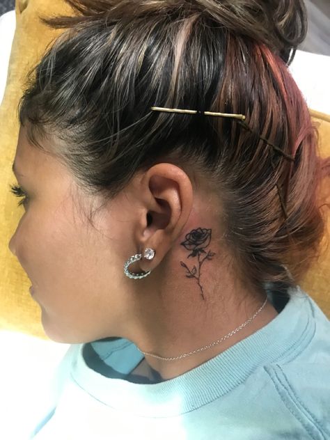 Behind Ear Tattoo Rose, Small Rose Tattoo Behind Ear, Tattoo Under Ear, Small Rose Ear Tattoo, Rose Tattoo By Ear On Face, Rose Behind Ear Tattoo, Flower Behind Ear Tattoo, Inner Ear Tattoos For Women Flower, Back Of The Ear Tattoos For Women