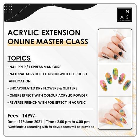 Learn Permanent Acrylic Extension by Our Master Educator, Dipika Parihar in our upcoming Online Master Class✨😍 Classes Poster, Art Class Posters, Nail School, Nail Art Tool Kit, Nail Work, Class Poster, Nail Courses, School Learning, Nail Art Techniques