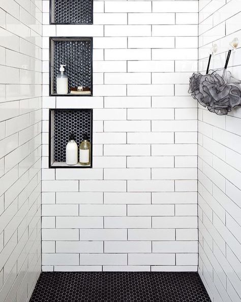 Moonlight Interior Designs on Instagram: “I love the idea of creating a section in the wall for the bottles of shampoo instead of having to like put in shelves. I thinks it's an…” Tile Niche Ideas, White Tile Black Grout, Bathroom Ideas White, Tile Niche, White Shower Tile, Black Hexagon Tile, Beautiful Tile Floor, Remodeling Trends, Niche Ideas