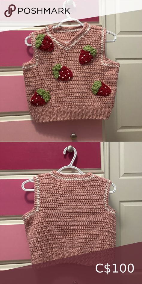 Handmade pink strawberry cropped sweater vest Crochet Strawberry Vest, Strawberry Vest, Dusty Rose Colour, Strawberry Costume, Cropped Sweater Vest, Crochet Baby Costumes, Baby Cardigan Knitting Pattern Free, Crochet Pink, Crochet Strawberry