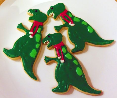 Winter TRex cookies | The Enchanted Whisk Dinosaur Christmas Cookies, Christmas Dinosaur Cookies, T Rex Cookies, Dinosaur Sugar Cookies, Cookie Template, Winter Snacks, Winter Snack, Mickey Mouse Invitations, Christmas Dinosaur