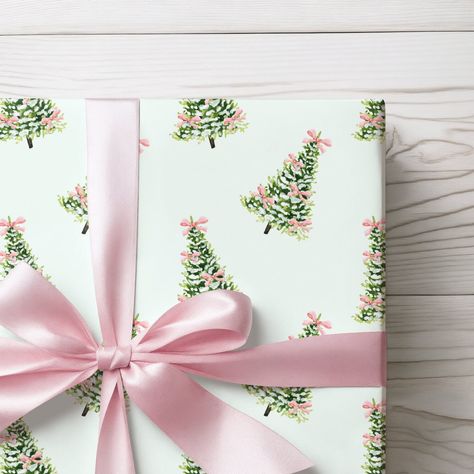 Snowy Christmas Tree's with Pink Bows Wrapping Paper Roll.  Beautiful premium quality wrapping paper.  Make the presentation as special as the gift  Sizing: ☆ 30 x 20 inches or 2.50 x 1.67 feet: wraps 2-4 small to medium or 1 large gifts ☆ 30 x 72 inches or 2.50 x 6.00 feet: wraps 3-4 small to medium or 1-2 large gifts ☆ 30 x 180 inches or 2.50 x 15 feet: wraps 6-8 small to medium or 2-3 large gifts .: Material: 90 gsm fine art paper .: Available in three sizes: 30" × 36", 30" × 72" and 30" x 18 Pastel Christmas Gift Wrapping, Wrapped Gifts Christmas, Pastel Christmas Wrapping Paper, Green Christmas Tree With Pink Decor, Red Pink And Green Christmas, Pink Christmas Presents, Christmas Wrapping Aesthetic, Pretty Christmas Wrapping, Wrapping Paper Aesthetic