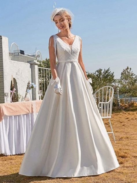 Traditional Dresses For Bride, V Neck Satin Wedding Dress, Vintage Satin Dress, Fringe Wedding Dress, Wedding Dresses Under 100, Dresses For Bride, Cheap Wedding Dresses Online, Lace Bridal Gown, Wedding Dresses For Sale