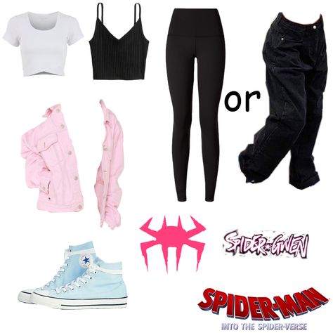 Spiderverse Into The Spiderverse, Gwen Stacy Outfits Across The Spiderverse, Spidergwen Cosplay Diy, Spider Gwen Outfit Aesthetic, Spider Gwen Cosplay Diy, Gwen Stacy Casual Outfit, Spidergwen Inspired Outfit, Gwen Stacy Spiderverse Costume, Spiderman Casual Outfit