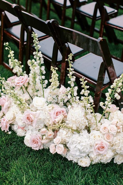 Aisle Chair Flowers, Blush Wedding Ceremony, Floral Hedge, Hydrangea Wedding Decor, Delphinium White, White And Blush Wedding, White Delphinium, Chair Flowers, Rose Ceremony