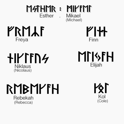 The originals runic names  the vampire diaries Niklaus Mikaelson Tattoo, Klaus Mikaelson Tattoo Ideas, Vampire Dairies Tattoo, Vampire Last Names, Klaus Mikaelson Tattoo, The Originals Tattoo Ideas, The Originals Tattoo, Vampire Names, Vampire Diaries Tattoo