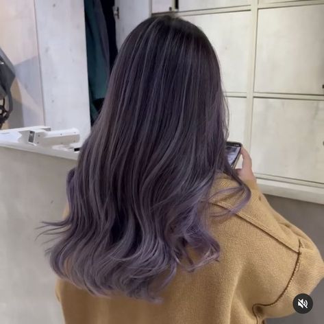 Purple Ash Grey Hair, Dark Ash Lavender Hair, Two Tone Lavender Hair, Taro Hair Color, Ash Purple Hair Highlights, Ash Brown Hair With Purple Highlights, Dusty Purple Highlights, Ash Purple Highlights On Dark Hair, Light Purple Hair Lavender Highlights