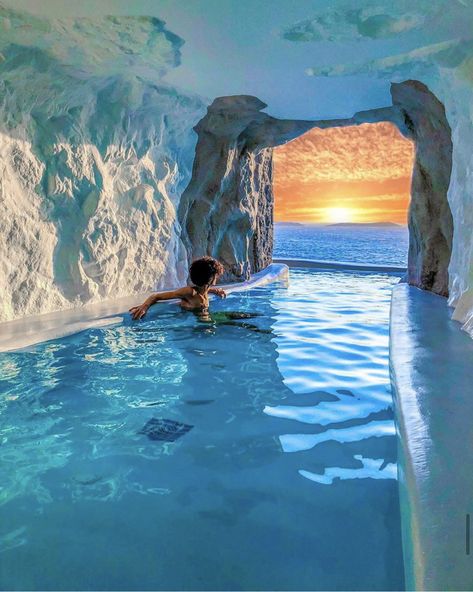 Ice pool, water pool, sunset and more Mykonos Resort, Grecia Santorini, Cave Pool, Cavo Tagoo Mykonos, Water Architecture, Holiday Travel Destinations, Honeymoon Places, Greece Vacation, Mykonos Greece