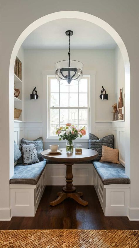 40+ Farmhouse Breakfast Nook Ideas For Your Home Breakfast Nook Ideas Farmhouse, Farmhouse Dining Nook, Breakfast Nook In Kitchen, Breakfast Nook Sitting Area, Farmhouse Breakfast Nook, Built In Breakfast Nook, Farmhouse Breakfast, Fall Bedroom Ideas, Breakfast Nook Bench