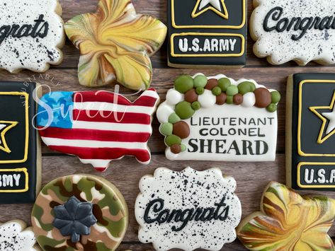 Army Colonel Promotion Party Ideas, Army Promotion Cookies, Lieutenant Colonel Promotion Party, Army Cookies, Cookie Pricing, Army Promotion, Promotion Cake, Promotion Ceremony, Patriotic Cookies