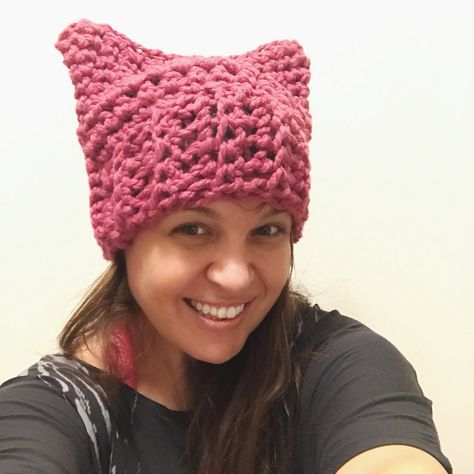 Pink Cat Hat Free Crochet Pattern — Stitch & Hustle Pink Cat Hat Crochet, Pink Cat Hat, Cat Hat Pattern, Crochet Cat Hat, Crochet Beanie Pattern, Challenge Accepted, Cat Hat, Beanie Pattern, Pink Cat