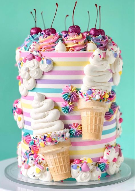 Fancy Ice Cream Cake, Ice Cream Decorated Cake, Cake With Ice Cream Cones, Ice Cream Cake Ideas, Karaoke Cake, Ice Cream Cake Designs, Ice Cream Theme Cake, Summer Cake Designs, Ice Cream Party Cake