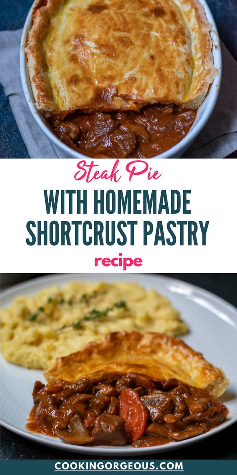 A quintessentially British dish made of slow-cooked beef and topped with homemade flaky golden shortcrust pastry. Steak Pie Recipe, Beef And Mushroom Pie, Steak And Mushroom Pie, Shortcrust Pastry Recipes, Steak Pie, Great Dinner Recipes, Beef Pies, Mushroom Pie, Dried Porcini Mushrooms