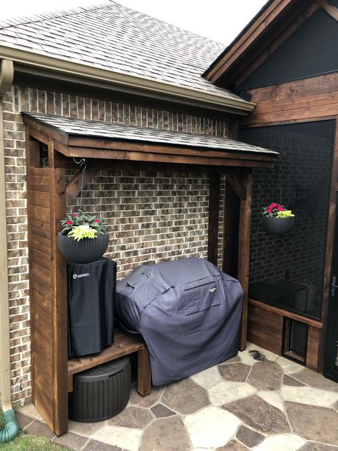 Patio Smoker Station, Covered Outdoor Smoker Grill Area, Smoker Patio Ideas, Grill Roof Ideas, Smoker Shelter, Small Patio Cooking Area Ideas, Small Grill Patio, Small Bbq Shelter Ideas, Small Yard Grilling Area