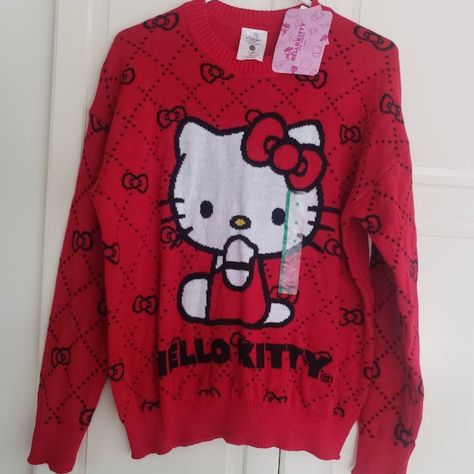 Sanrio Hello Kitty Graphic Sweater - Red - Womens Medium - New With Tags Casual Red Hello Kitty Top, Winter Hello Kitty Print Crew Neck Top, Red Hello Kitty Print Crew Neck Top, Trendy Hello Kitty Print Winter Sweatshirt, Trendy Hello Kitty Cotton Sweatshirt, Hello Kitty Sweatshirt, Graphic Sweaters, Red Sweaters, Scoop Neck