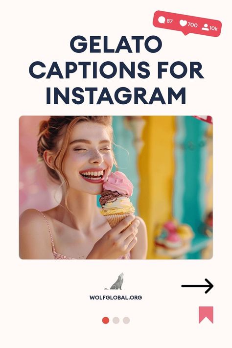 A joyful woman holding a colorful gelato cone with "Gelato Captions for Instagram" text overlay.
Graphic with playful gelato-related phrases and a call-to-action button for more content.
Promotional image for WolfGlobal.org featuring a woman with a laptop and social media icons. Gelato Italy, Catchy Captions, Gelato Flavors, Love And Gelato, Captions For Selfies, Beach Captions, Gelato Shop, Instagram Captions For Selfies, When Life Gets Tough