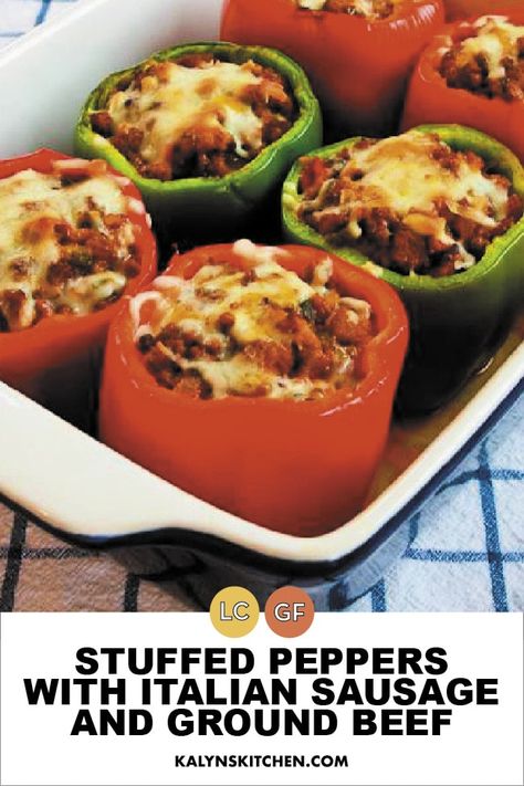 Anyone who likes stuffed peppers will enjoy these cheesy low-carb Stuffed Peppers with Italian Sausage and Ground Beef! This is a favorite stuffed pepper recipe that I've been making for years! [found on KalynsKitchen.com] #LowCarbStuffedPeppers #StuffedPeppers #LowCarbRecipe Stuffed Peppers With Italian Sausage, Stuffed Peppers Italian, Stuffed Bell Peppers Ground Beef, Stuffed Pepper Recipe, Low Carb Stuffed Peppers, Turkey Italian Sausage, Stuffed Peppers Beef, Stuffed Peppers With Rice, Keto Stuffed Peppers