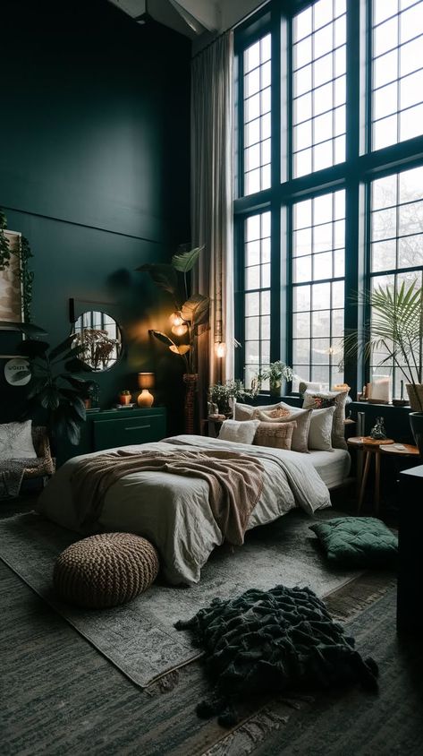 Dark Sage Room, All Green Room, Cozy Green Bedroom, High Rise Bed, Comfy Bedroom Ideas, All Black Bedroom, Calm Bedroom Ideas, Cool Loft Beds, Bunk Bed Accessories