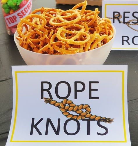 Spy / Secret Agent birthday party food ideas - Pretzel " Rope Knots" Clue Night Party Ideas, Clue Game Party Food, Secret Agent Party Food, Spy Themed Food, Detective Food Ideas, Detective Party Ideas, Clue Birthday Party Ideas, Ncis Birthday Party Ideas, Clue Themed Snacks