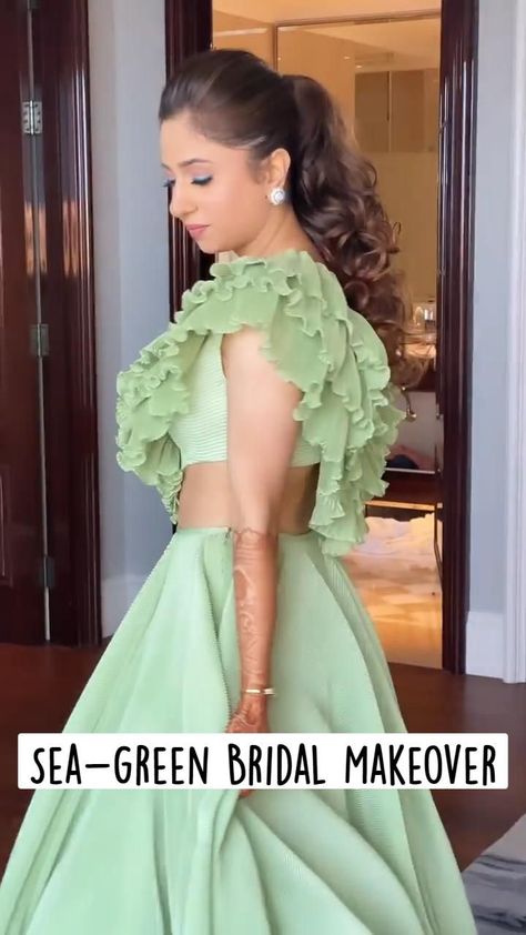 Sea-Green Bridal Makeover | Party wear indian dresses, Indian wedding dress modern, Indian wedding outfits Indian Wedding Dress Modern, Makeover Party, Dresses Indian Wedding, Bridal Makeover, Draping Fashion, Bridal Dress Fashion, Indian Gowns Dresses, Sleeves Designs For Dresses, Beautiful Dress Designs