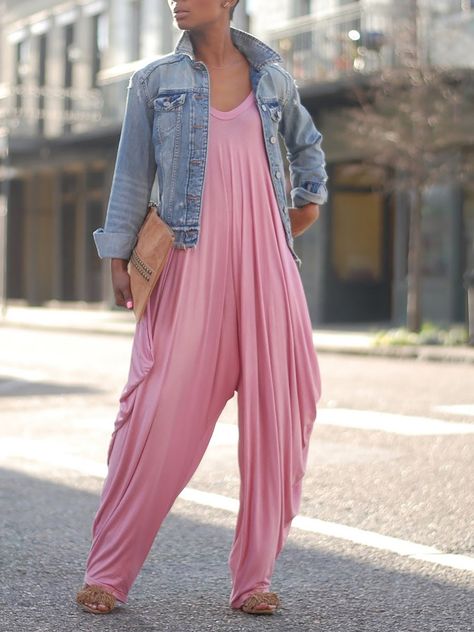 Streetwear Overalls, Solid Color Jumpsuits, Solid Jumpsuit, Loose Jumpsuit, Pink Jumpsuit, Moda Plus Size, Long Jumpsuits, Casual Jumpsuit, Jumpsuit Fashion