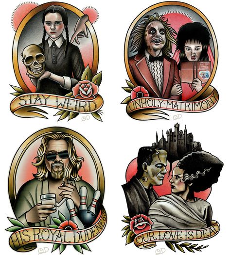 Meet Parlor Tattoo Prints' Quyen Dinh Beetlejuice Tattoo Ideas, Movie Inspired Tattoos, Tattoo Ideas Drawings, Beetlejuice Tattoo, Tattoo Prints, Horror Movie Tattoos, Movie Tattoo, Movie Tattoos, Traditional Tattoo Sleeve