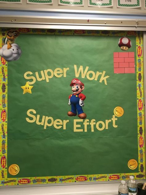 Mario Brothers Bulletin Board Ideas, Mario Kart Classroom Theme, Super Mario Brothers Bulletin Board, Mario Classroom Theme, Super Mario Classroom Bulletin Boards, Super Mario Bulletin Board, Super Mario Free, Classroom Name Tags, School Doors