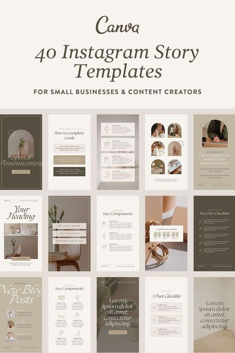 Effortlessly craft a stunning and unified Instagram feed with these luxurious Canva templates. This collection of 40 fully customizable pre-made Instagram stories streamlines your social media process, saving you time, resources, and frustration. Featuring elegant typography, minimalist designs, and a timeless neutral color palette, these templates empower you to create on-brand content that captivates your target audience. 
.#CanvaTemplates #SocialMediaDesign #InstagramIdeas #PinterestTemplates #CreativeCanva Luxury Instagram Story, Olive Color Palette, Earthy Branding, Luxury Instagram, Typography Minimalist, Business Model Canvas, Minimalist Layout, Instagram Canva, Business Colors