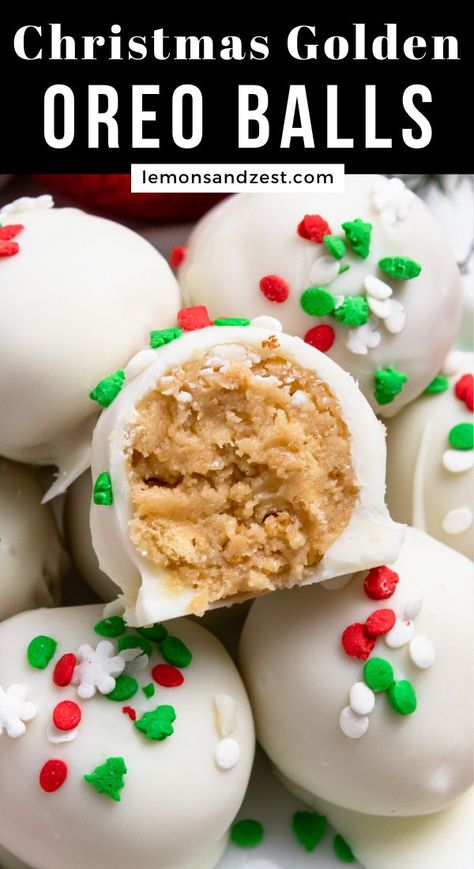 Christmas treats that are no bake and made with only a handful of ingredients, these Christmas Golden Oreo Balls are the best simple treat. Coated in rich white chocolate and sprinkles, this recipe is going to be a new holiday tradition! Christmas Oreo Balls, Christmas Cake Balls, Oreo Balls Christmas, Oreo Cake Balls, Christmas Oreo, Truffle Balls, Oreo Balls Recipe, Xmas Goodies, Truffle Recipes