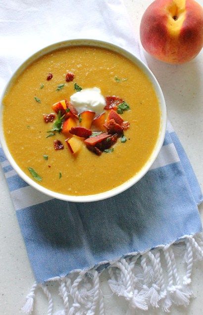 Peach and Sweet Corn Soup - Robust Recipes Peach Soup, Sweet Corn Soup, Onion Vegetable, Corn Soup, Fall Soups, Corn Chowder, Cooking Channel, Bowl Of Soup, Sweet Corn