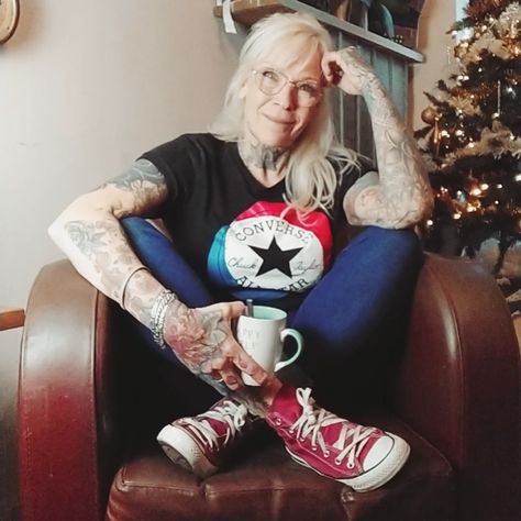 Being over 50 and tattoed Older Women Tattoos Over 50, Older Women With Tattoos, Old Women With Tattoos, Women With Tattoos, Tattooed Woman, Women Tattoos, Classy People, Growing Older, Back Of Shoulder Tattoo