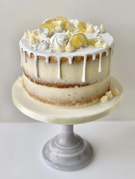 Butter Cream Cakes, Lemon Birthday Cakes, Lemon Meringue Cake, Lemon Sponge, Lemon Syrup, Meringue Cake, Buttercream Cakes, Cream Cakes, Beautiful Birthday Cakes