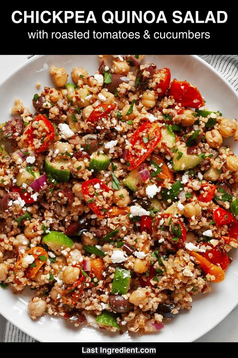 Dressed in a garlicky red wine vinaigrette, this quinoa chickpea salad has a mix of roasted tomatoes, crisp cucumbers, Kalamata olives, walnuts and feta. This is a recipe where it is easy to multitask. While the tomatoes are roasting in the oven, you have time to simmer the quinoa on the stove and make the dressing. Chickpea Quinoa Salad, Quinoa Chickpea Salad, Chickpea Quinoa, Mediterranean Meals, Mediterranean Quinoa Salad, Red Wine Vinaigrette, Grain Salad, Hearty Salads, Main Dish Salads