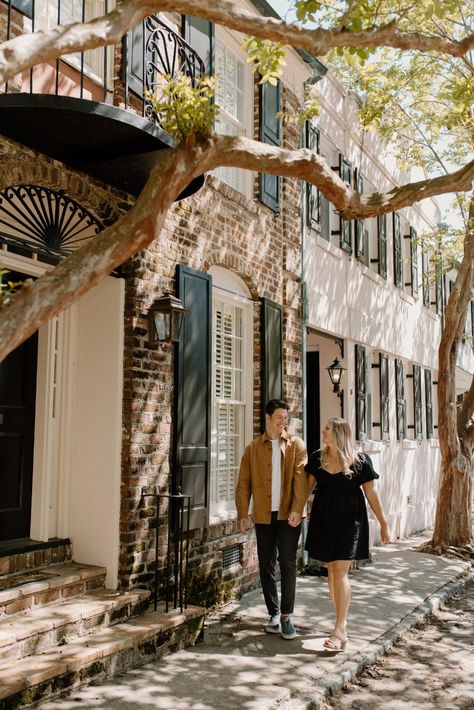 Downtown-Charleston-Engagement-Session-Location-Ideas-|-Charleston-Wedding-Photographer Charleston Couple Photos, Charleston Photo Spots, Downtown Charleston Engagement Photos, Engagement Photos Charleston Sc, Newspaper Shoot, Charleston Photoshoot, Charleston Engagement Pictures, Couples Downtown, Charleston Engagement Photos