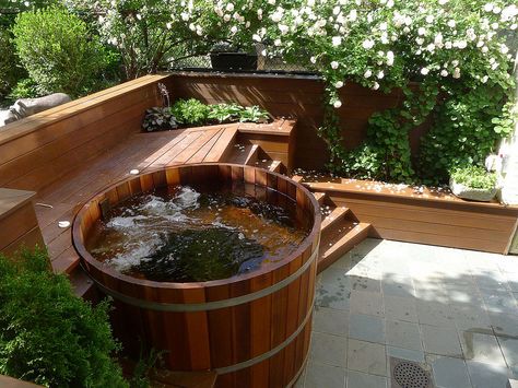 Wood hot tub with jets | by Cedartubs Swimming Pool Heaters, Hot Tub Landscaping, Cedar Hot Tub, Tub Sizes, Pool Heaters, Heated Towel Rack, Japanese Soaking Tubs, Mini Pool, Tub Ideas